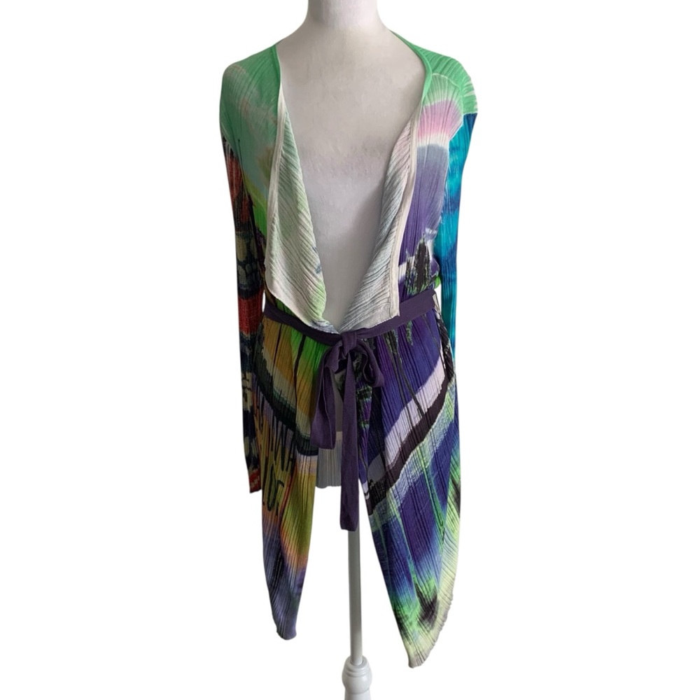 Desigual Medium Bright Nylon Belted Tropical Palm Print Cardigan Duster Sweater
